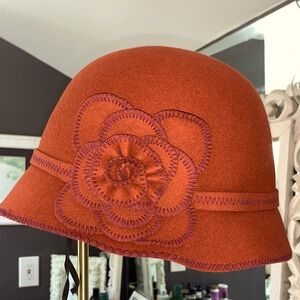 Elegant Rust Wool Felt Cloche Hat with Floral Accent